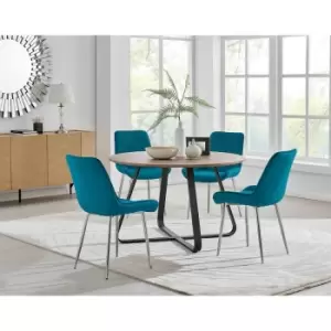Image of Furniture Box Santorini Brown Round Dining Table and 4 Blue Pesaro Silver Leg Chairs