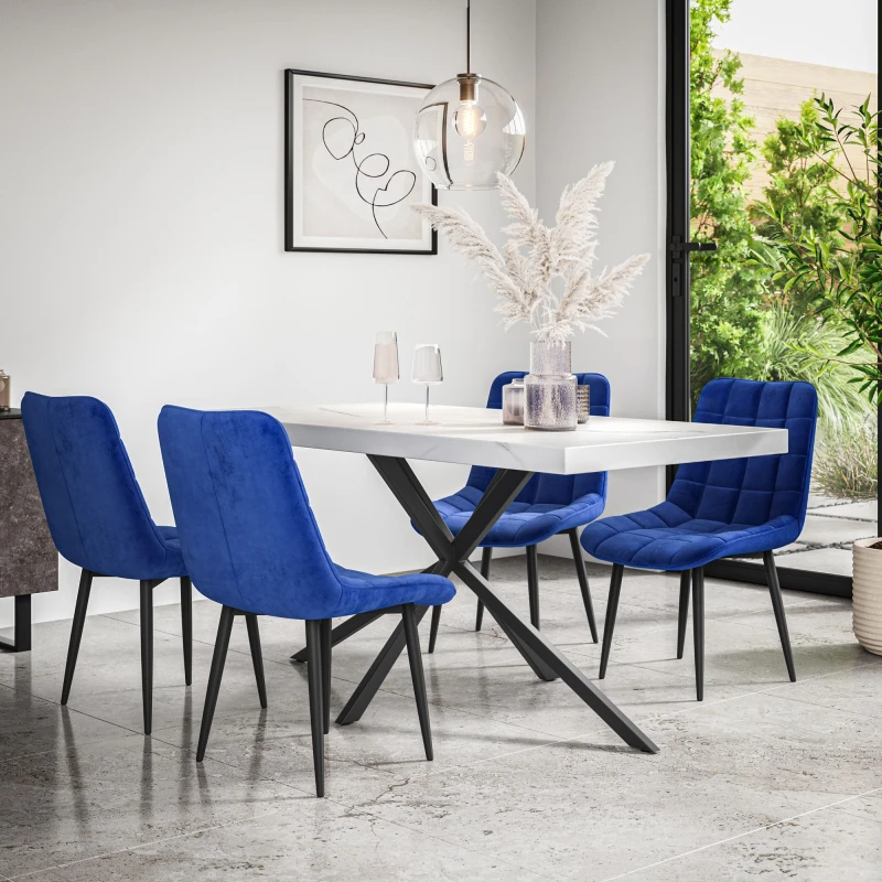 Image of More4Homes Donni Dining Table And Chairs - White Marble Effect Table Top W Black Legs + Nova Velvet Dining Chair Set Of 4 (Blue)