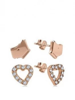 Image of Radley 18K Rose Gold Plated Sterling Silver Dog And Crystal Set Heart Ladies Earrings Set