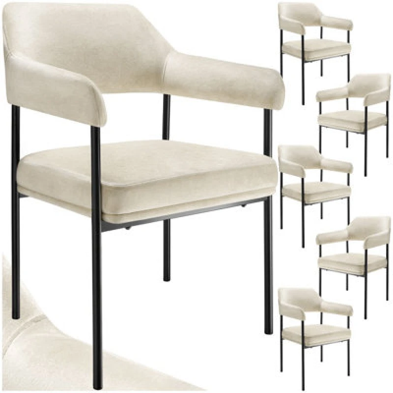Image of Tectake Set Of 6 Armchair Doe - Durable Fabric, Black Powder-Coated Legs, 120 Kg Load, 58 X 62 X 85cm - Velvet Look Off-White