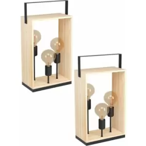 Image of 2 pack Table Lamp Desk Light Black & Natural Steel & Wood Box 3x 40W E27