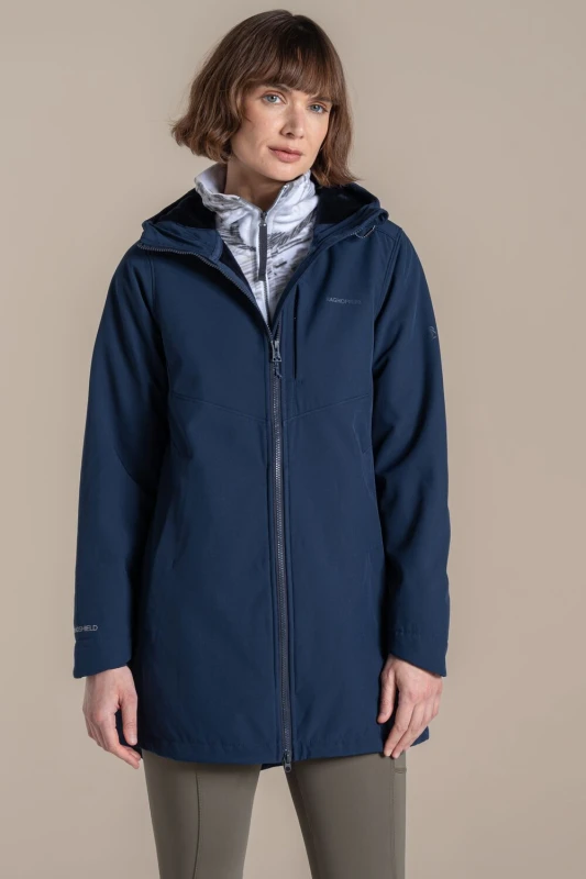 Image of Craghoppers Womens Hopegill Longline Hooded Windproof Water-Repellent Softshell in Navy Size: 10 Navy Female 10