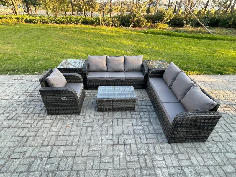 Image of Fimous 7 Seater Rattan Outdoor Garden Furniture Sofa Set Patio Table & Chairs Set with 3 Seater Sofa Reclining Chair 3 Seater Sofa 2 Side Tables Dark