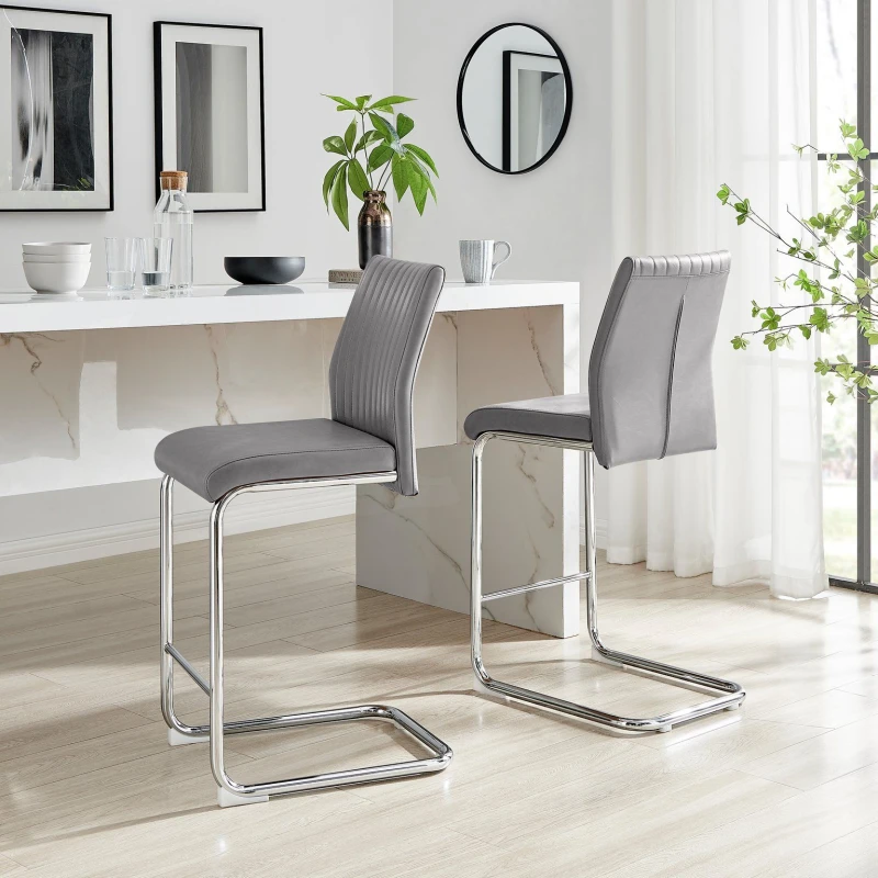 Image of FurnitureboxUK FurnitureboxUK Lorenzo 2x Faux Leather & Silver Bar Chairs in Grey Grey One Size Unisex 5056784304358