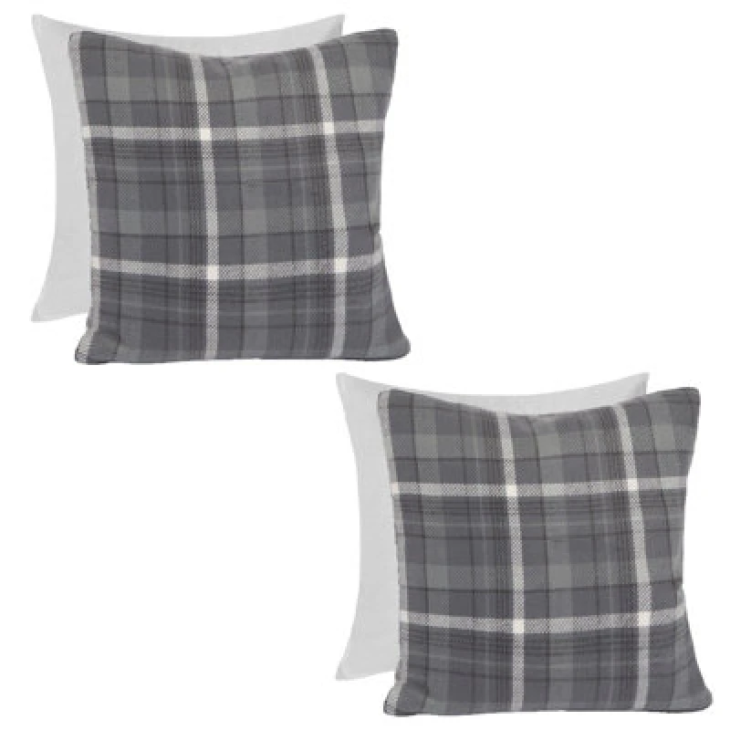 Image of OHS OHS Woven Check Cushion Covers Tartan Pack of 2 Filled Case Pad Set in Charcoal Size: 45cm x 45cm Charcoal 45cm x 45cm Unisex 5027434208135