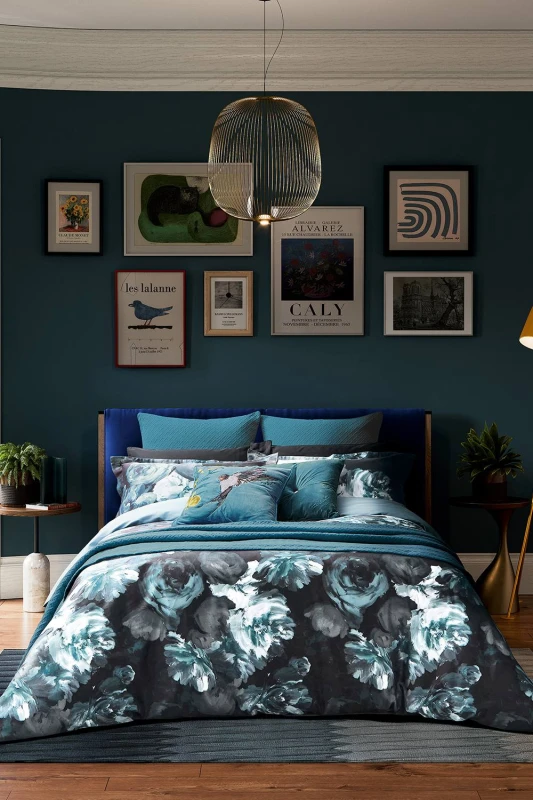Image of Ted Baker Painted Blooms Duvet Set, King, Teal & Black
