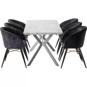 Image of 7 Pieces Life Interiors Vittorio Blaze Dining Set - a White Extendable Rectangular Wooden Dining Table and Set of 6 Black Dining Chairs - Black