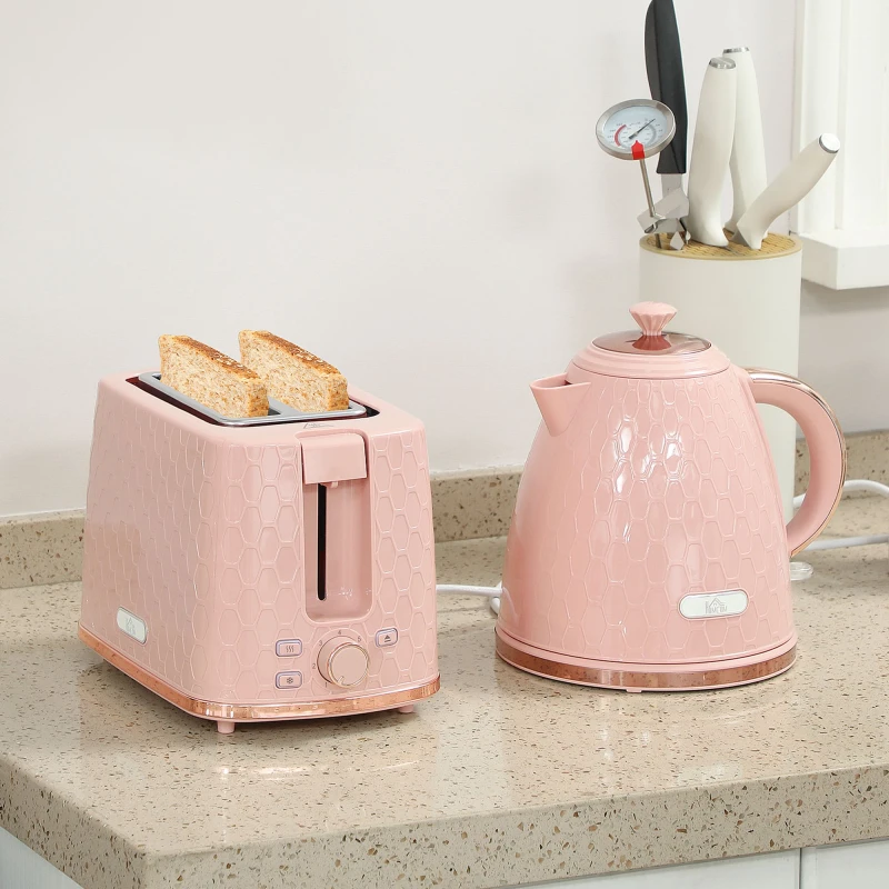 Image of HOMCOM HOMCOM 1.7L 3000W Fast Boil Kettle and 930W 2 Slice Toaster Set in Light Pink Light Pink One Size Unisex 5063603053168