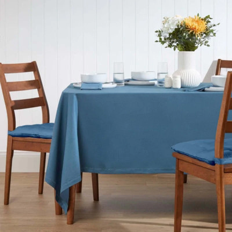 Image of Homescapes Plain Cotton Tablecloth, 137cm x 228cm Mid Blue
