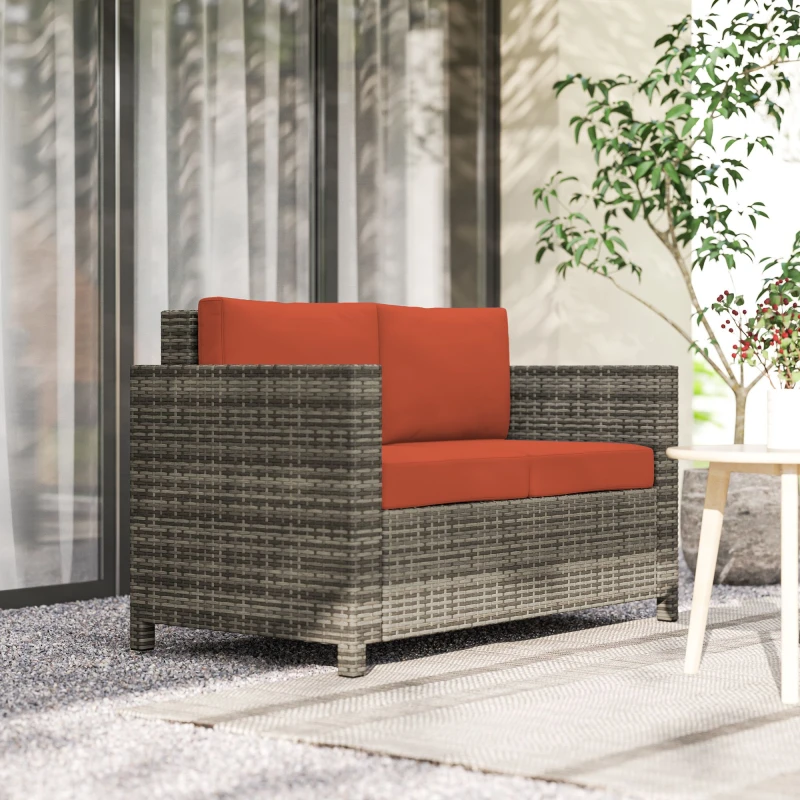 Image of Outsunny Rattan Wicker 2-seat Sofa Loveseat Padded Garden Furniture Grey Grey