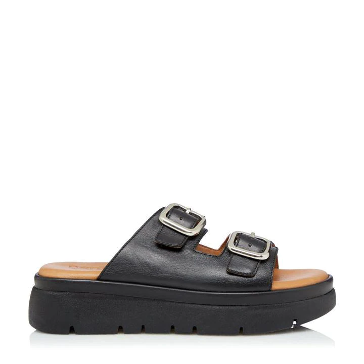 Image of Dune Black Leather Kable' Mid Wedge Heel Ankle Strap Sandals - 3