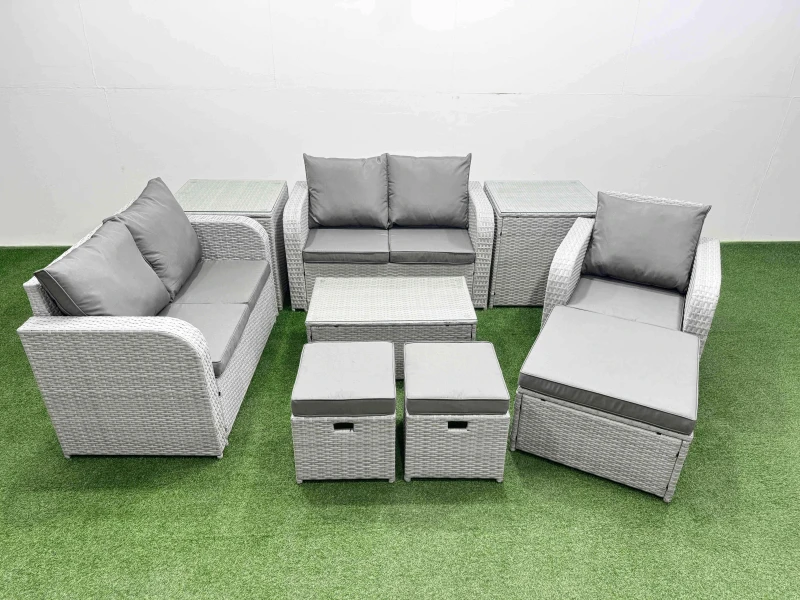 Image of Fimous High Back Poly Rattan Garden Furniture Set with Reclining Chair Loveseat Sofa Rectangular Coffee Table Indoor Outdoor Patio Set 3 Stools 2 Sid