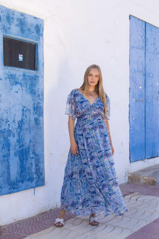 Image of South Beach Womens Printed Metallic Chiffon Button Detail Maxi Dress in Blue Size: 10 Blue Female 10