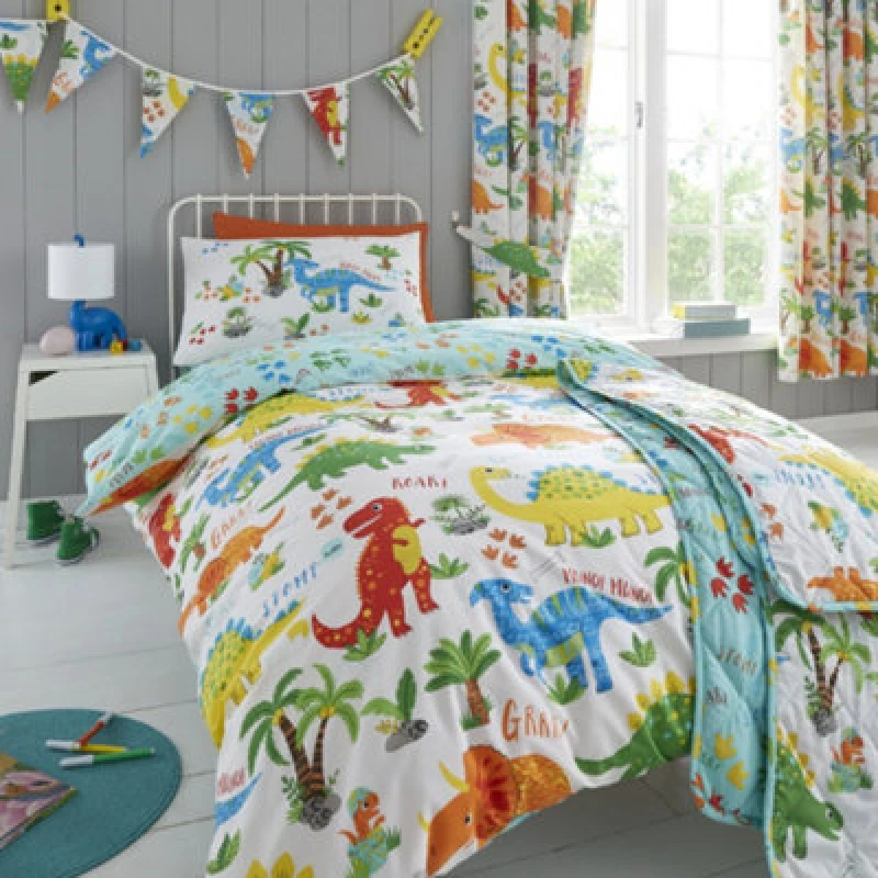 Image of Happy Linen Company Kids Cute Dinky Dinosaurs Reversible Duvet Cover Bedding Set Multi