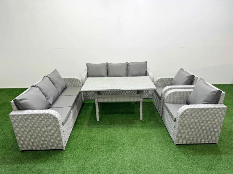 Image of Fimous PE Rattan High Back Lounge Sofa Set Patio Rectangular Dining Table & Chairs Set with 3 Seater Sofa Reclining Chair Light Grey Light Grey
