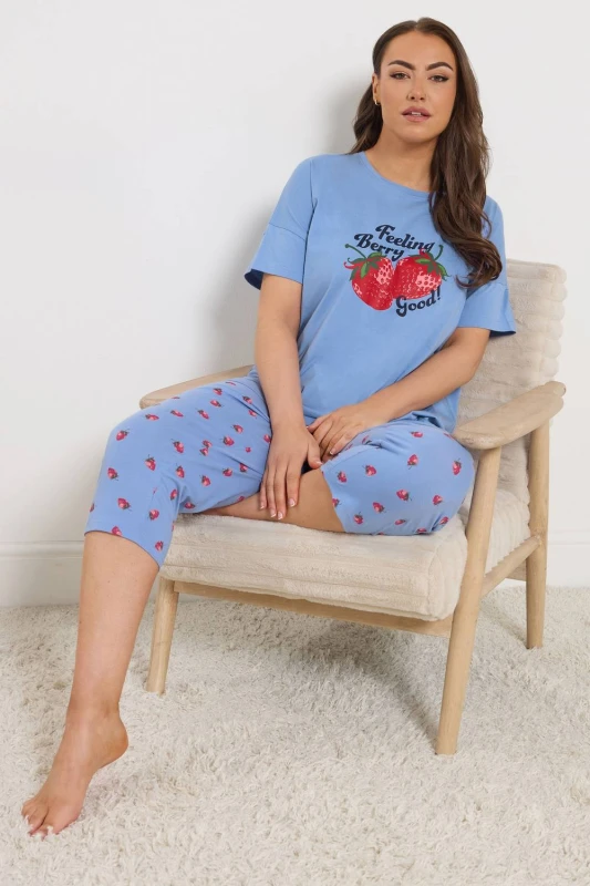 Image of Yours Womens Strawberry Graphic Pyjama Set in Blue Size: 26-28 Blue Female 26-28