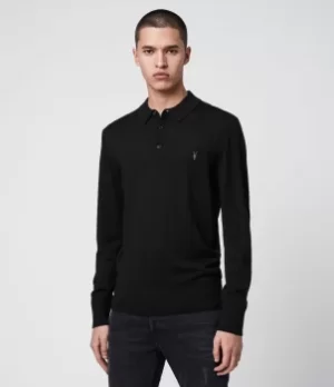 Image of AllSaints Mens Mode Merino Long Sleeve Polo Shirt, Black, Size: M