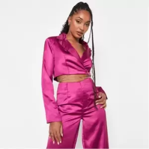 Image of Missguided Co Ord Chain Detail Satin Crop Blazer - Pink