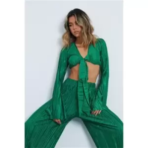 Image of I Saw It First Emerald Green Plisse Tie Front Long Sleeve Crop Top - Green