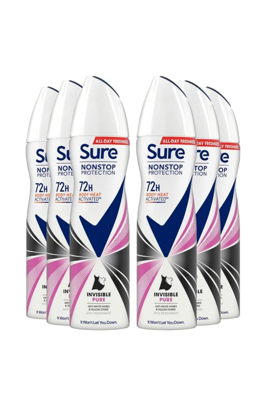 Image of Sure Women 'Anti-Perspirant' 72H Protection Deo Invisible Pure, 6x150ml White female