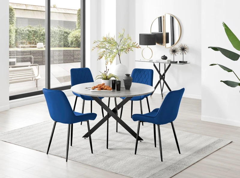Image of FurnitureboxUK FurnitureboxUK Novara Grey Concrete Effect Black Leg 120cm Round Dining Table & 4 Pesaro Black Leg Chairs in Navy Navy One Size Unisex