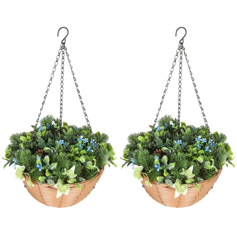 Image of HOMCOM Artificial Flowers in Basket Set of 2 with PE Leaves and 18 Flowers, Green 83C-104V00GN