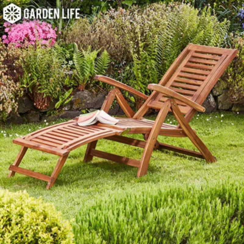 Image of Garden Gear Acacia Hardwood Folding Steamer Deckchair & Table Garden Furniture With Adjustable Backrest & Integrated Footstool & Folding Table