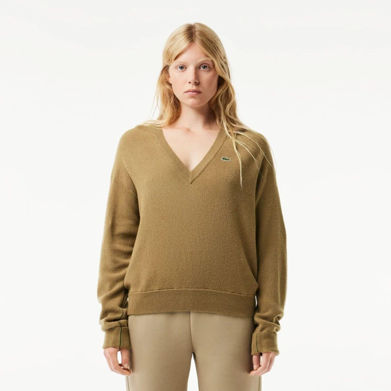 Image of Lacoste Relaxed Fit Carded Wool Moss Stitch Sweater Brown female 8