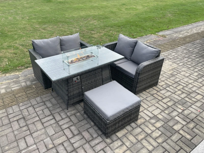 Image of Fimous Rattan Garden Furniture Set with Gas Fire Pit Table Footstool 4 Pieces Outdoor Loveseat Sofa Set Dark Grey Mixed Dark Grey