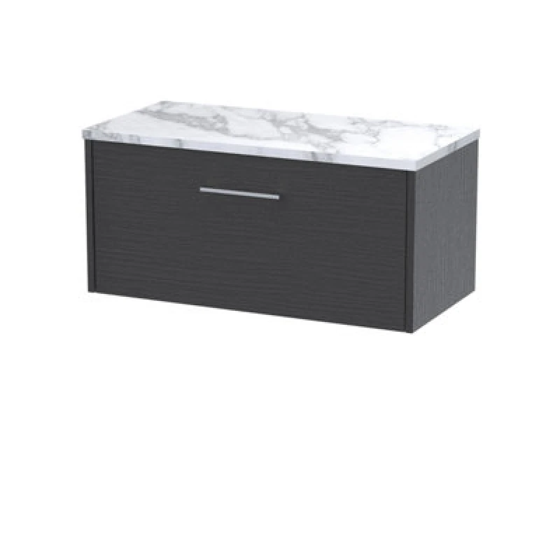 Image of Nuie Hudson Reed Juno Wall Hung 1-Drawer Vanity Unit & Carrera Marble Worktop, Countertop Basin Unit In Graphite Grey Woodgrain, 800mm