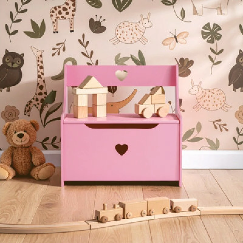 Image of Orsina Pink Heart Wooden Storage Bench Seat, Fun And Functional Wooden Storage Box With Seat, Pink Toy Storage