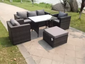 Image of Fimous 5 Seater Outdoor Dark Grey Rattan Lounge Complete Sofa Set with Regular Dining Table and Big Footstool