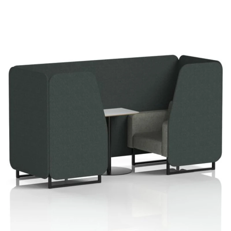 Image of Brixworth 2 Seater Office Booth with Front Panel - Black Legs and White Table with Black Leg in Rivet Fabric - Charcoal Panels and Vitreous Sofa