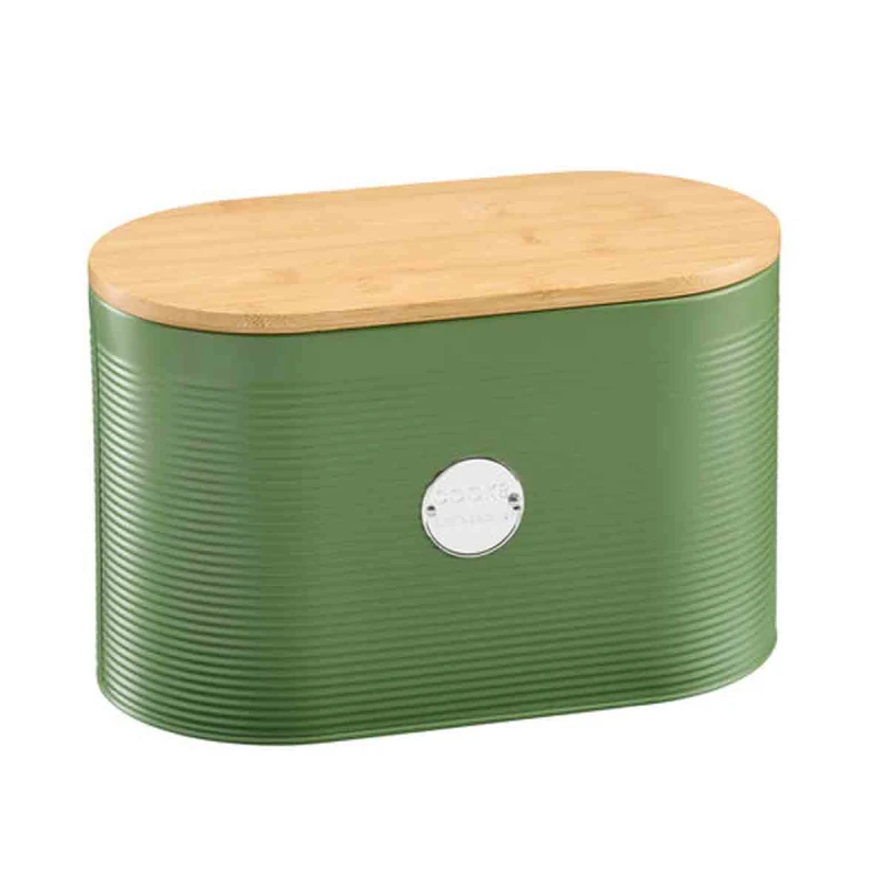 Image of Cooks Professional Ribbed Bread Bin With Linen Bag & 2-In-1 Bamboo Cutting Board Lid - Green & Silver