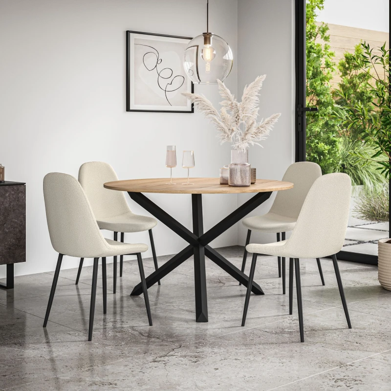 Image of More4Homes Malvern Round Dining Table And Chairs - Oak Table Top W Solid Oak Black Legs + Maya Boucle Dining Chair Set Of 4 (Ivory White)