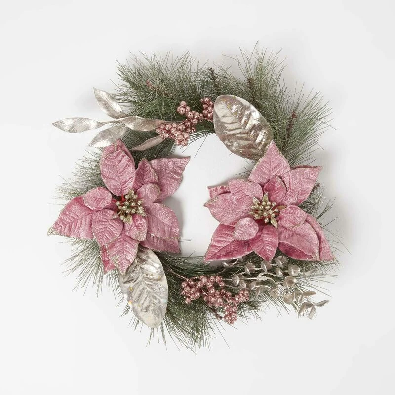 Image of Homescapes Pink Poinsettia Christmas Wreath, 45cm Pink