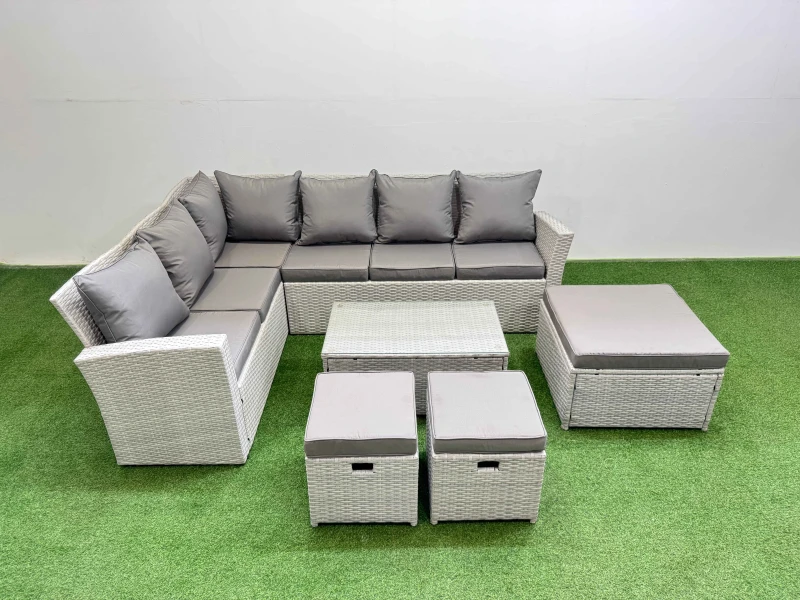 Image of Fimous 9 Seater Garden Outdoor Rattan Furniture Set with Oblong Coffee Table in Light Grey Light Grey Unisex