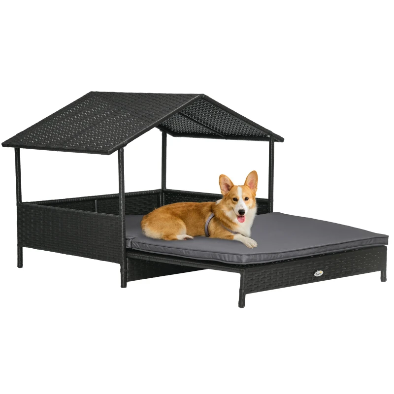 Image of PawHut Extendable Rattan Dog House w/ Water-Resistant Roof, Cushion Grey - Pawhut 5056725503734
