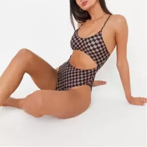 Image of Missguided Checkerboard Scoop Neck Cut Out Swimsuit - Brown