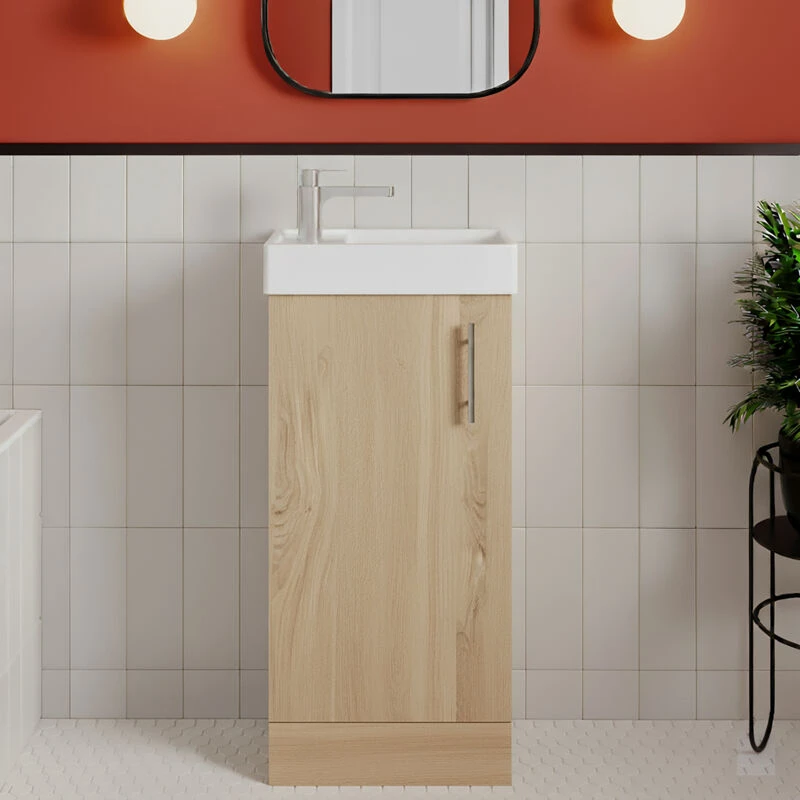 Image of NUIE Nuie - Vault Floor Standing 1-Door Vanity Unit with Basin 400mm Wide - Bleached Oak MIN030
