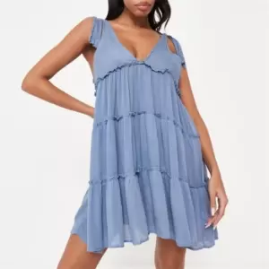 Image of Missguided Cheesecloth Tie Shoulder Tiered Beach Cover Up Mini Dress - Blue