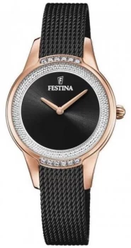 Image of Festina Womens Black Steel Mesh Bracelet Black Crystal Watch