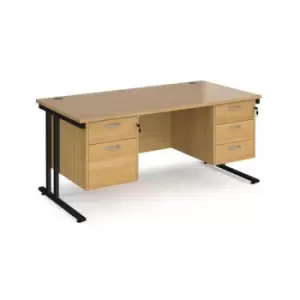 Image of Office Desk Rectangular Desk 1600mm With Double Pedestal Oak Top With Black Frame 800mm Depth Maestro 25 MC16P23KO