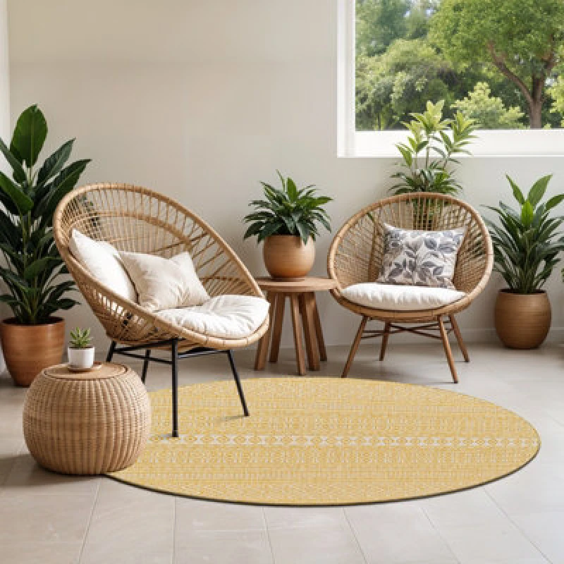 Image of Livabliss Round In- & Outdoor Global Saffron/beige Mimi Area Rug 160 X 160 Cm - Easy To Clean, Perfect For Balcony, Kitchen Or Dining Room
