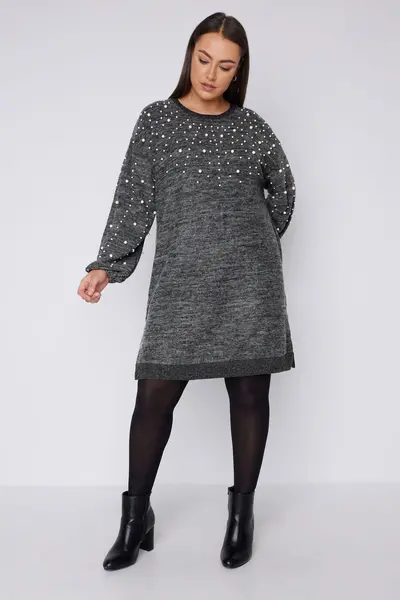 Image of Evans Pearl Embellished Jumper Dress Charcoal