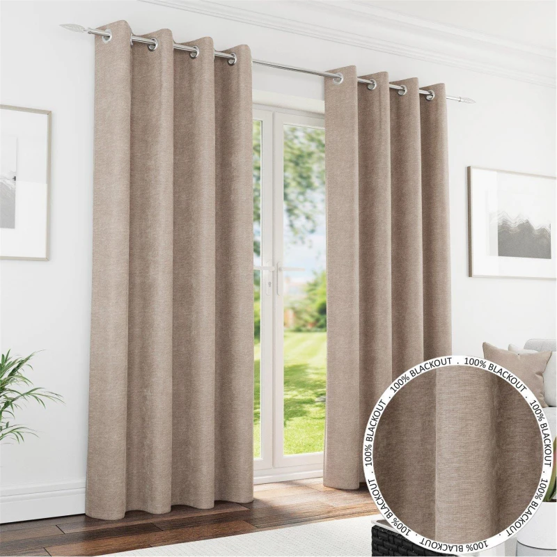 Image of Enhanced Living Enhanced Living Knightsbridge Sand Chenille Eyelet 100% Blackout Curtains 90 X 108" (229X274Cm) Thermal Noise Reducing