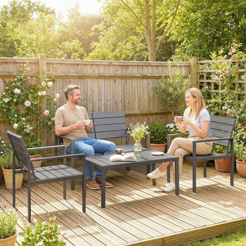 Image of OUTSUNNY 4 Piece Garden Furniture Set, HDPE Metal Outdoor Sofa in Dark Grey Dark Grey Unisex