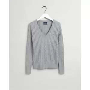 Image of Gant V Neck Cable Knit Jumper Womens - Grey