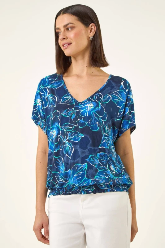 Image of Roman Womens Floral Print V-Neck Stretch Top in Navy Size: 14 Navy Female 14