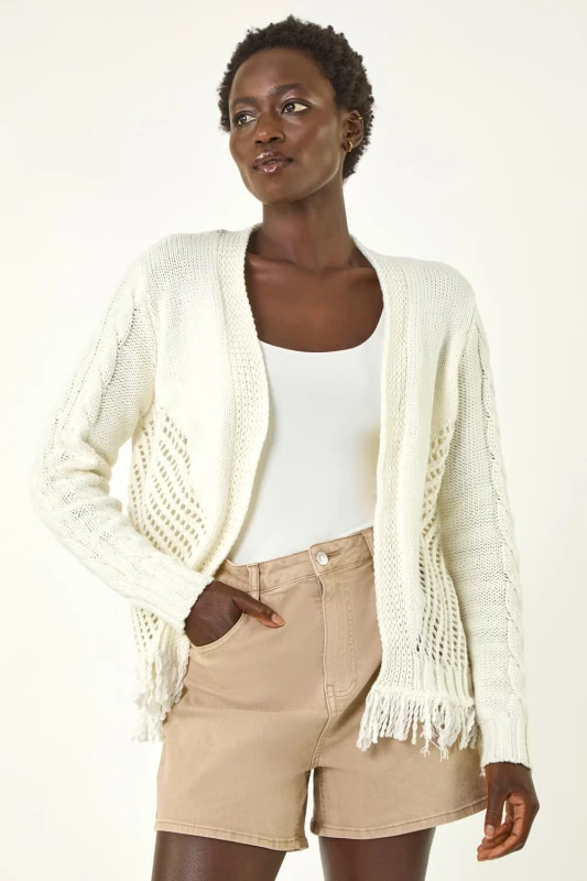 Image of Roman Womens Lightweight Fringe Hem Knit Cardigan in Ivory Size: 20 Ivory Female 20